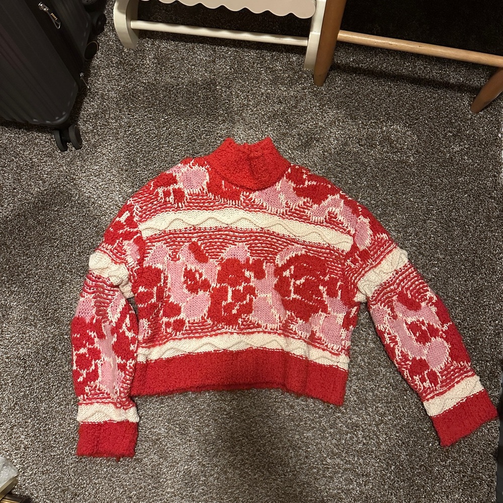 Zara Jacquard Knit sweater SZ M red/pink/white